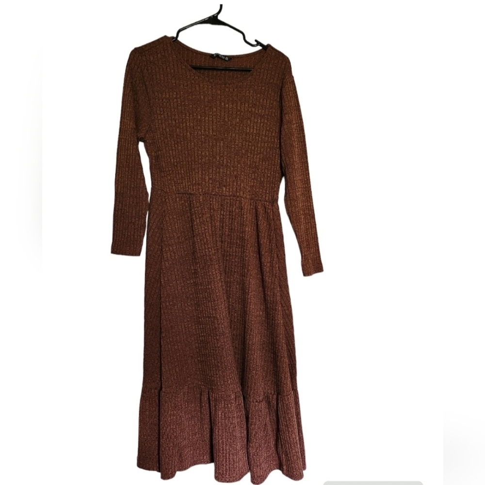 BloomChic Rust Brown Ribbed Knit Tiered Midi Dress Long Sleeve Womens Size M 10